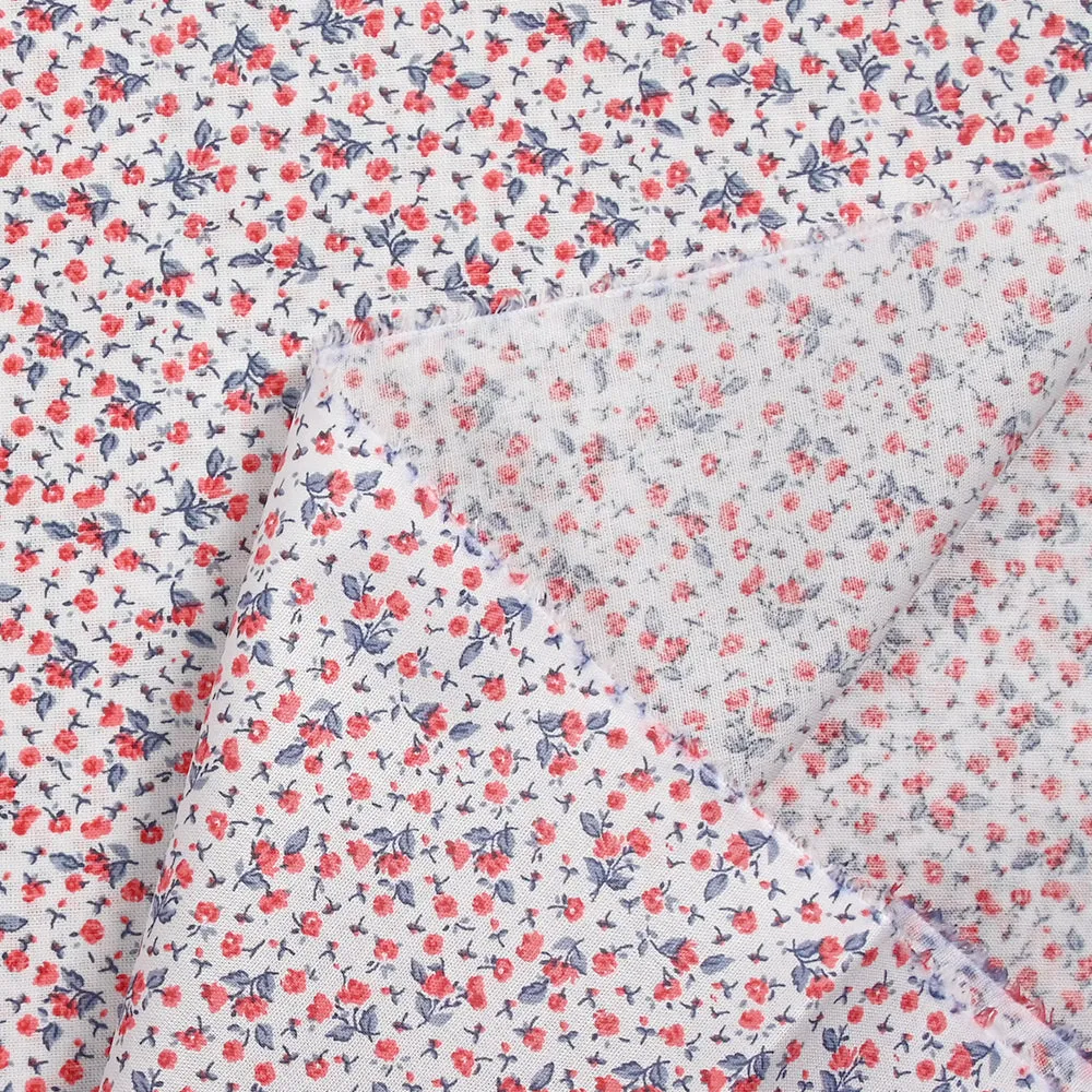 Coton imprimé fin mini fleurs rouge fond blanc