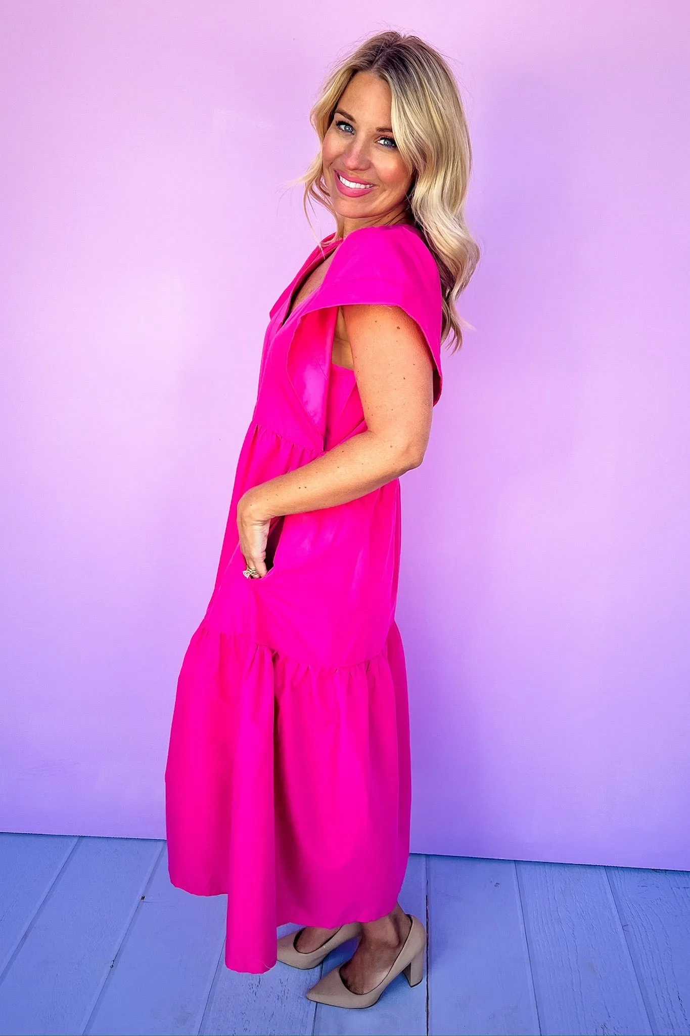 Flutter Sleeve Loop Button Down Tiered Midi Dress in Pink